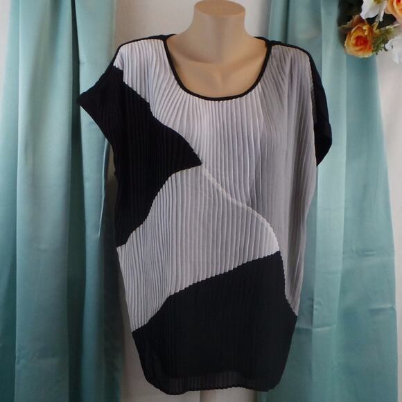 NY Collection Pleated Blouse 1X Front Colorblock Accordion Neutral Workwear Top - Picture 2 of 7